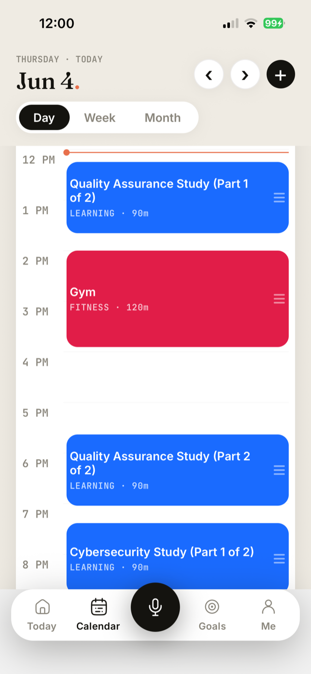 Skedit calendar — a full day of color-coded blocks