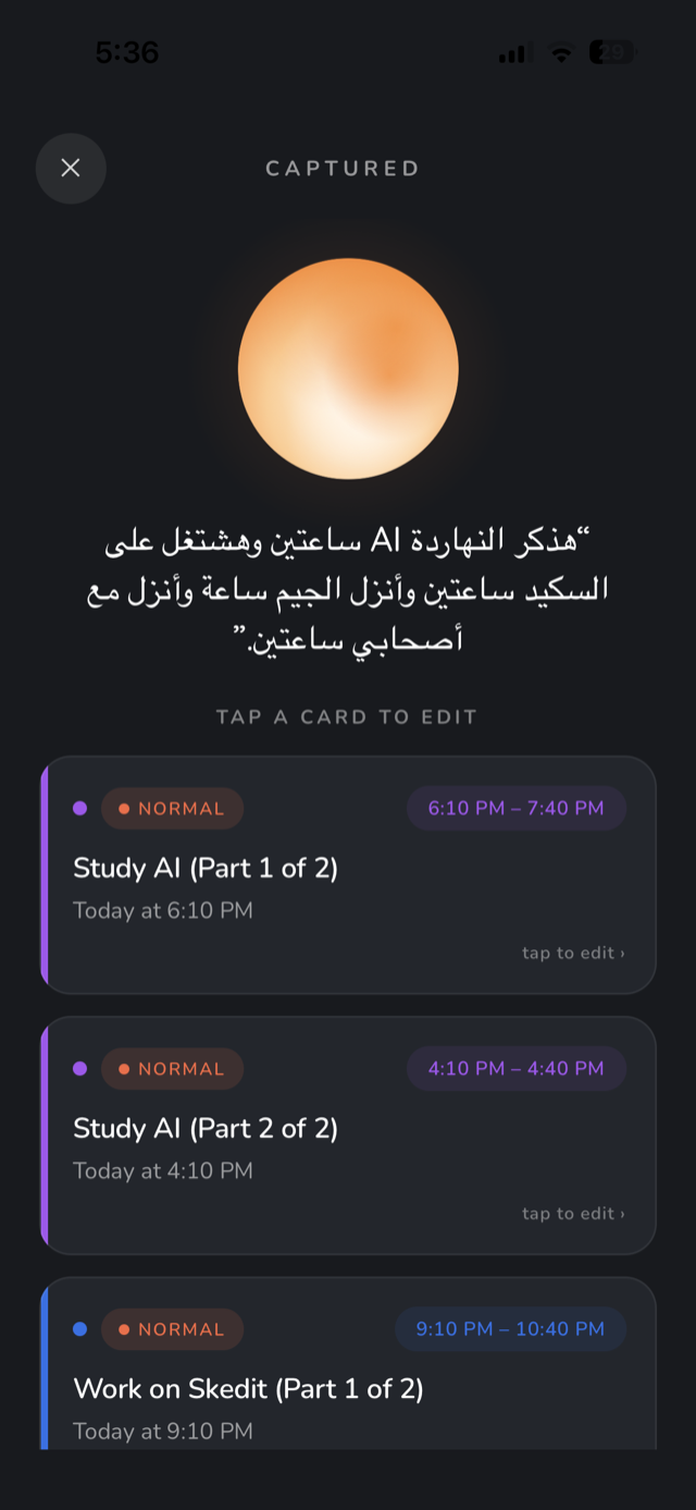 Skedit turning an Arabic voice note into scheduled, editable cards