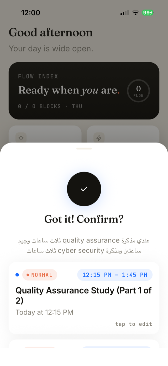 Skedit confirming parsed tasks from Arabic and English speech