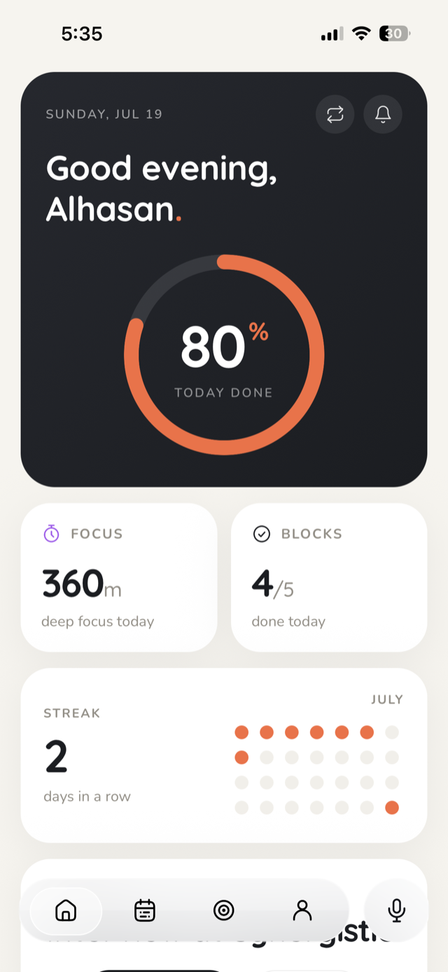 Skedit home — today's progress ring, focus minutes and streak